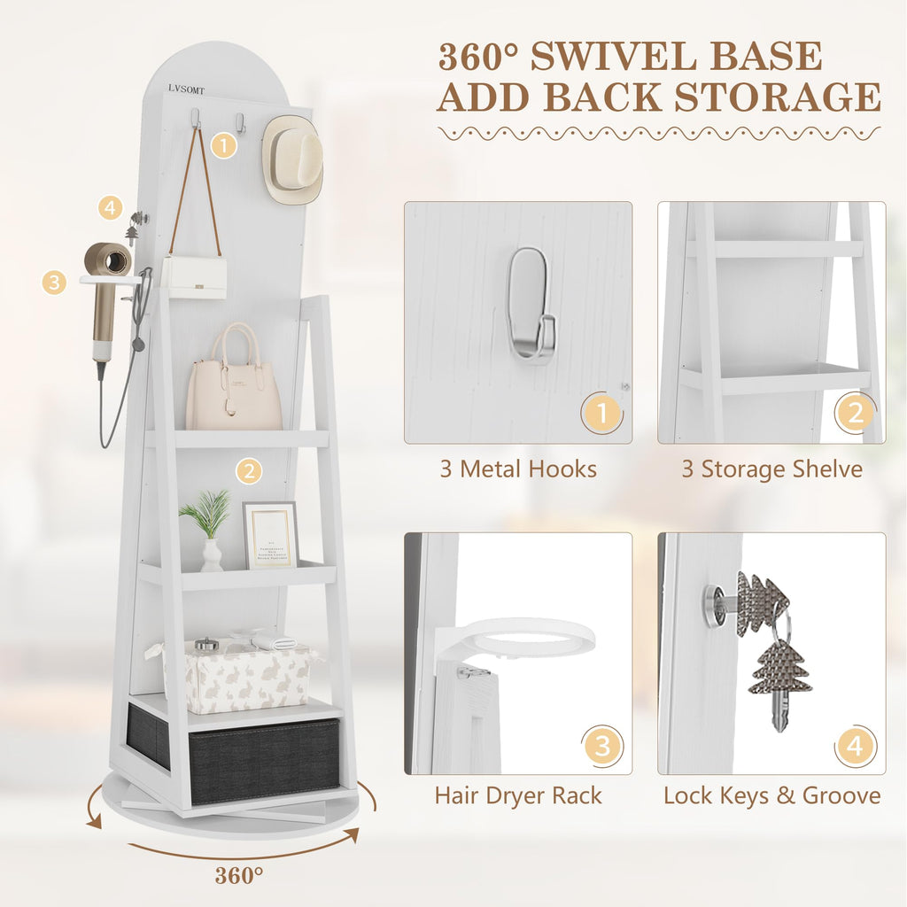 64" H Arched LED Mirror Jewelry Cabinet Standing, White