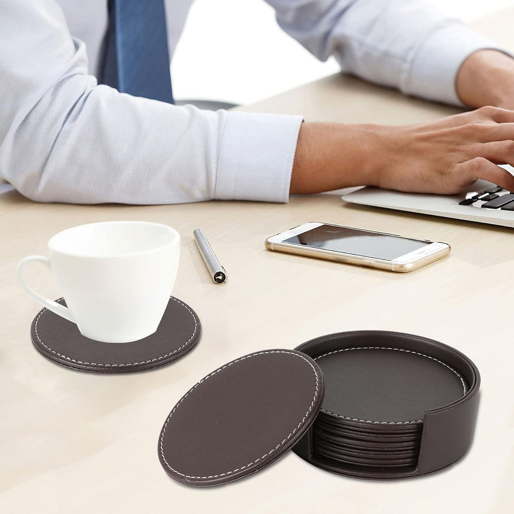 Round Leather Coasters for Drinks with Holder, 4" (Brown) - Set of 6