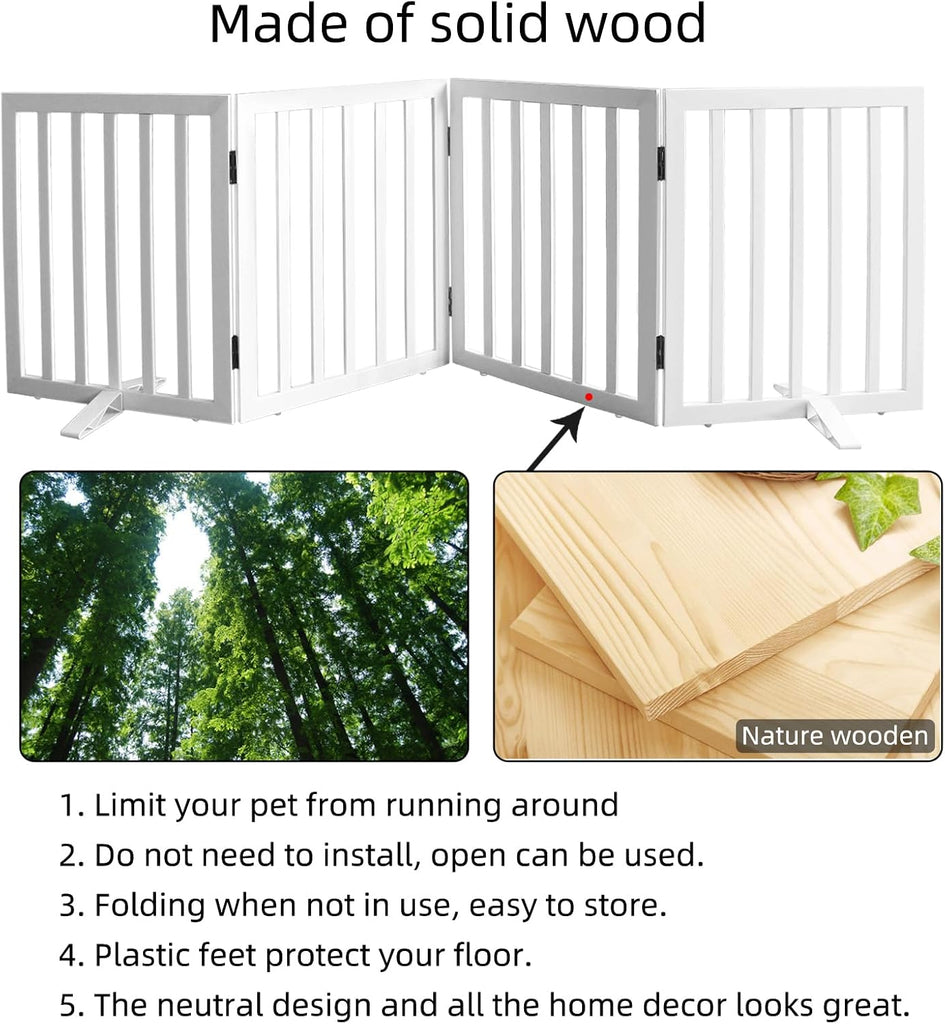 Freestanding Indoor Dog Gate Foldable Wood White Puppy Gate for Doorways Pet Gate for Stairs Extra Wide Pet Fence 24"