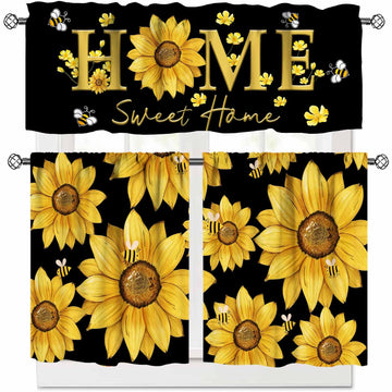 Sunflower Kitchen Curtains, Vintage Sunflower Yellow Floral Bee Farmhouse Summer Fall Flower Print Blackout Short