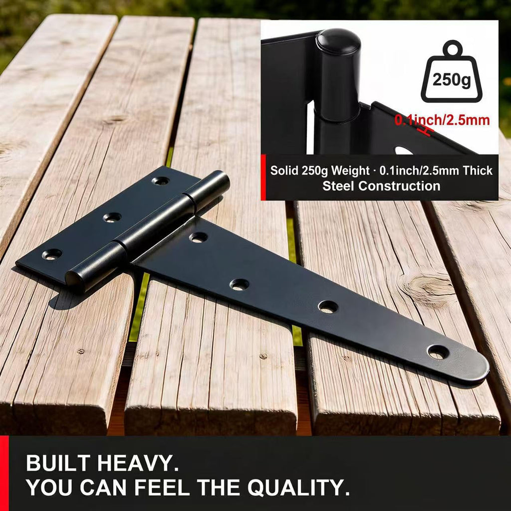 8 Inch Heavy Duty T Strap Hinges, 4 Pack Black Gate Hinges, Heavy-Gauge Steel, 8.8 oz Each, Screws Included for Shed