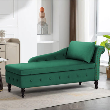 Velvet Chaise Lounge w/Right Armrest & Storage Space, Green