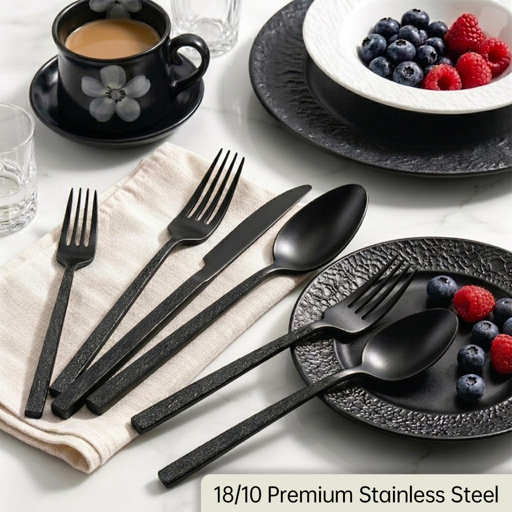 Black Hammered Silverware Set 18/10 Stainless Steel 20 Piece Service for 4