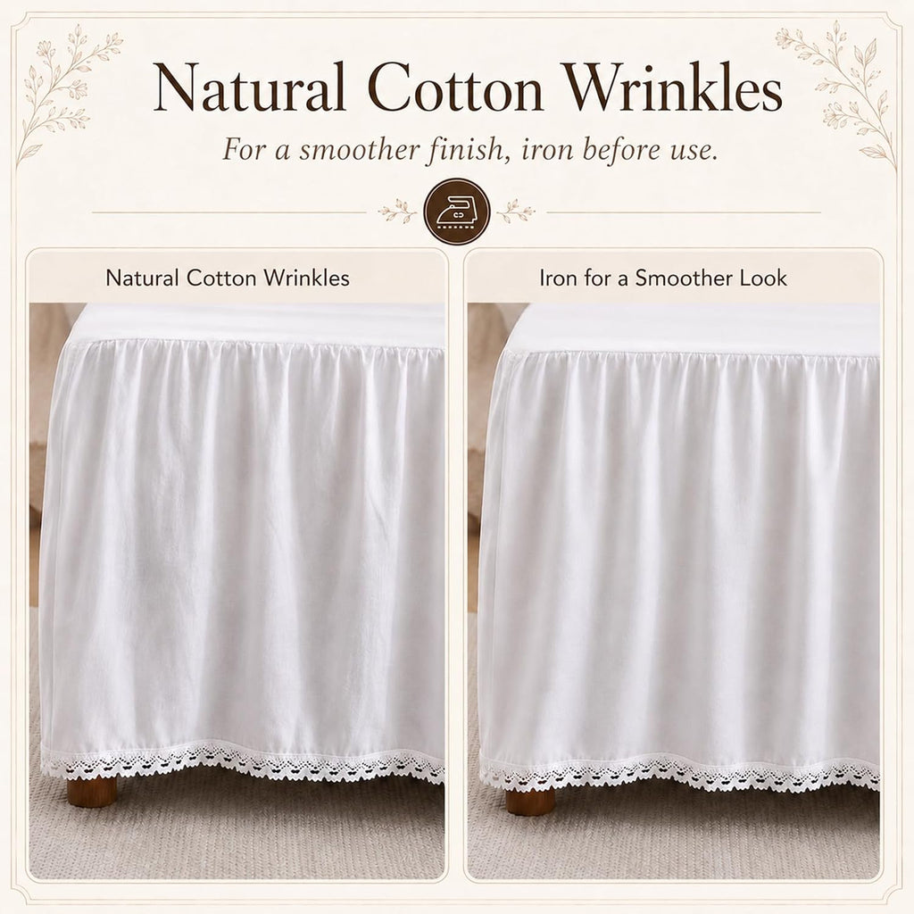 White Bed Skirt Full, 21-Inch Drop, 100% Cotton, Split Corners | Crochet trim dust ruffle in lightweight cotton;
