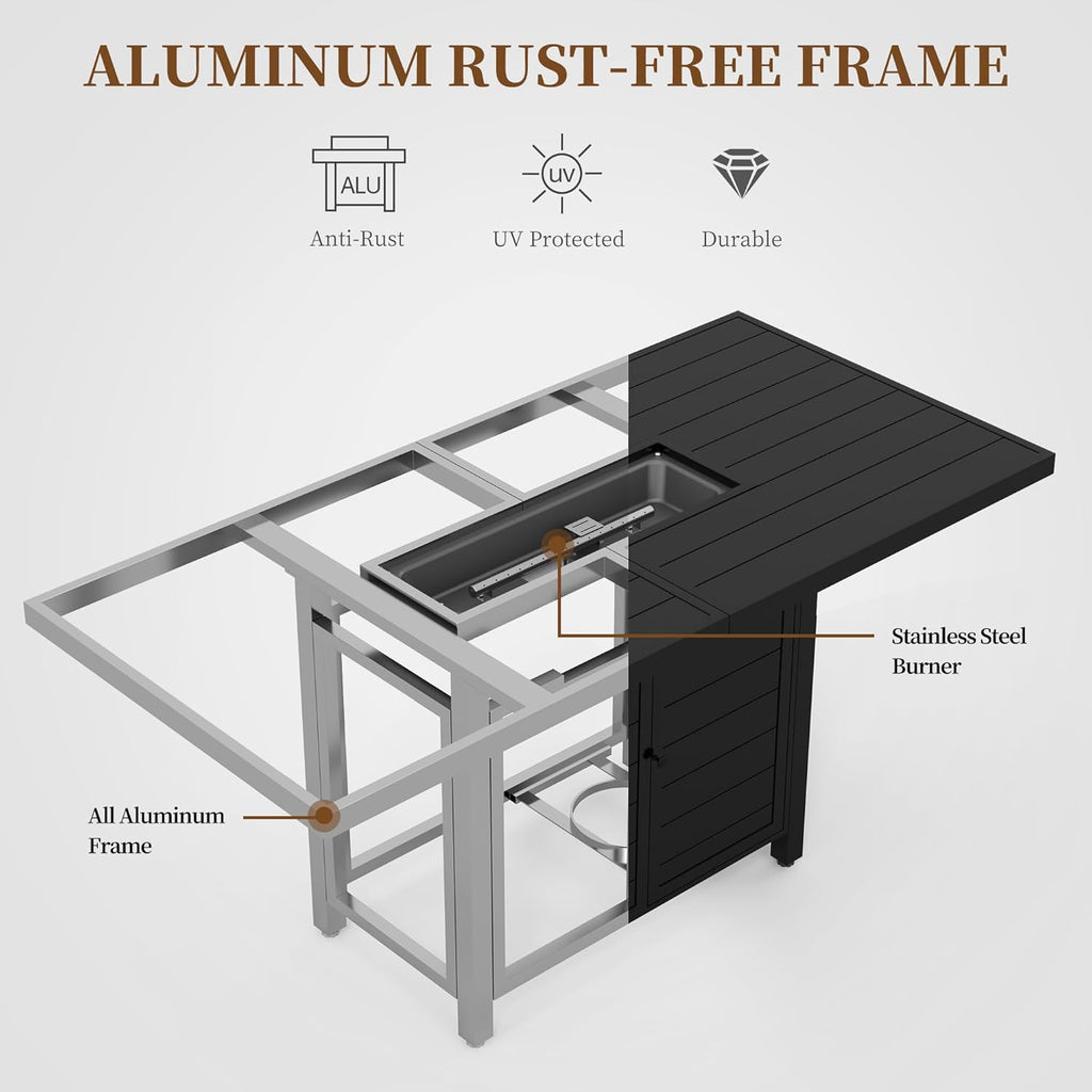60 Inch Propane Firepit Table - Outdoor Rectangular Aluminum Fire Table w/Wind Guard - 50,000 BTU Gas Fire Pit with Glass Beads and Waterproof Cover - Image 3
