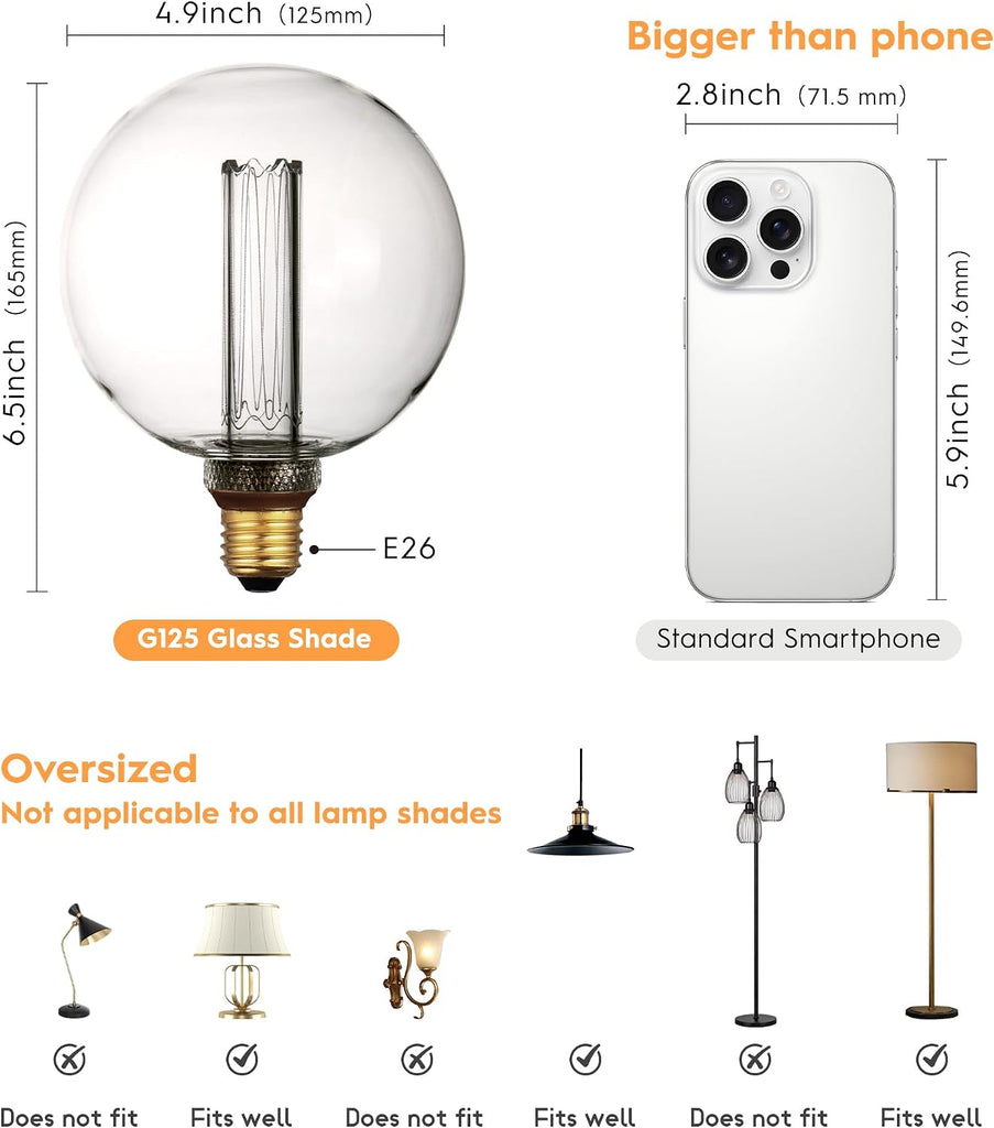 Large Light Bulb Round Vintage Edison LED Dim Soft Warm Clear G125
