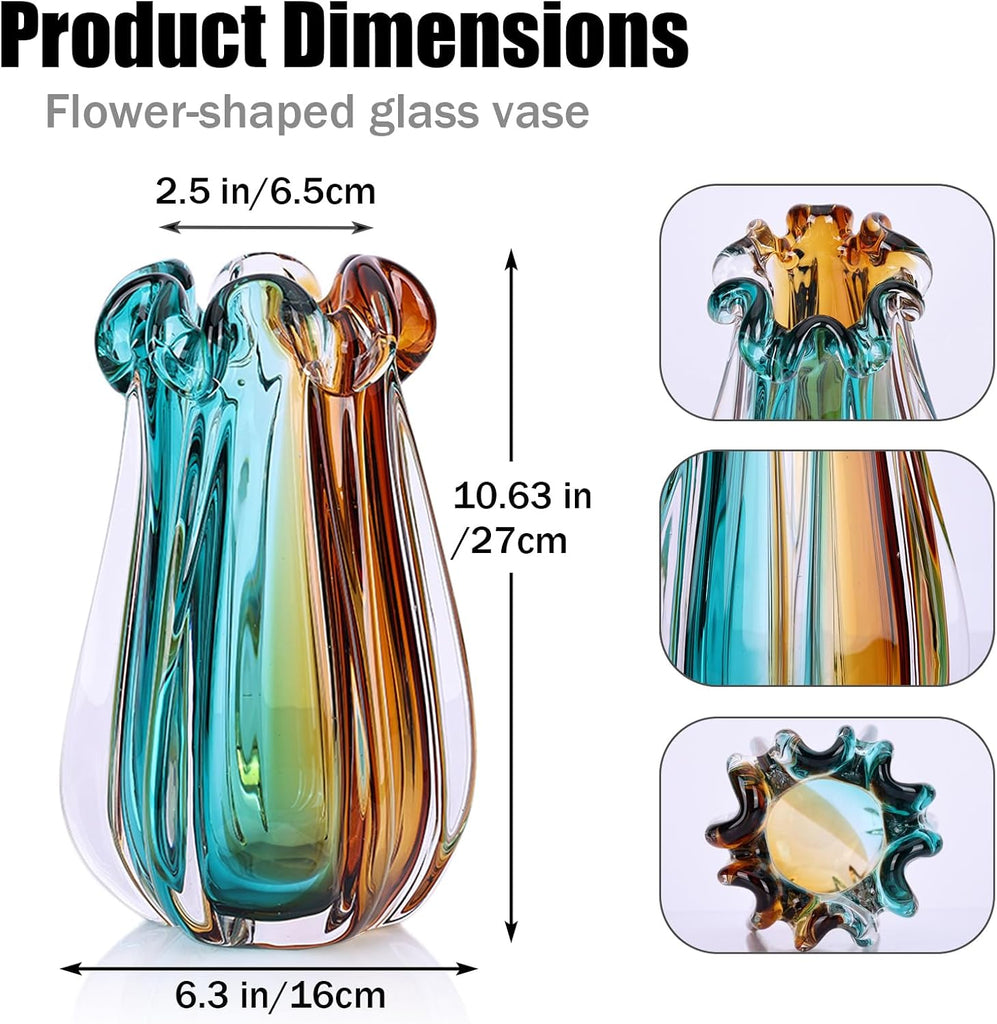 Hand Blown Glass Vase, Murano-Style Colorful Art Glass Centerpiece, Heavy Large Wide Mouth Ruffle Rim, Teal Turquoise