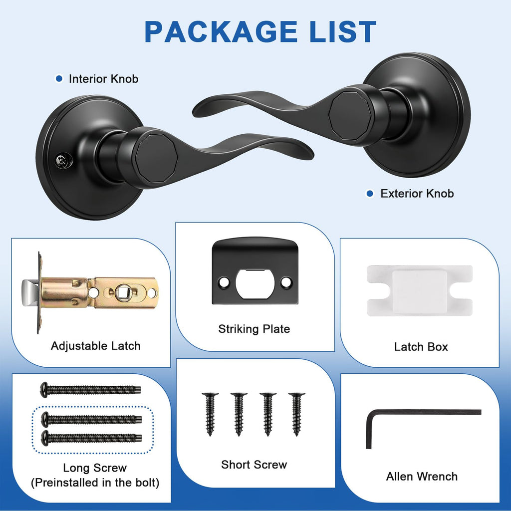 2 Pack Passage Door Handles Interior, Hallway Closet Door Leverset Matte Black Finish Stainless Steel, Keyless Door