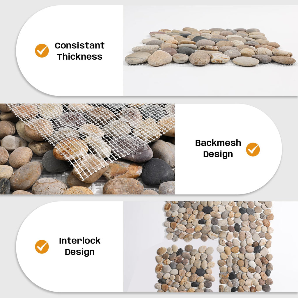 Pebble Tile for Shower Floor, Brown Stone Pebble Mosaic Tile, 5 Pcs