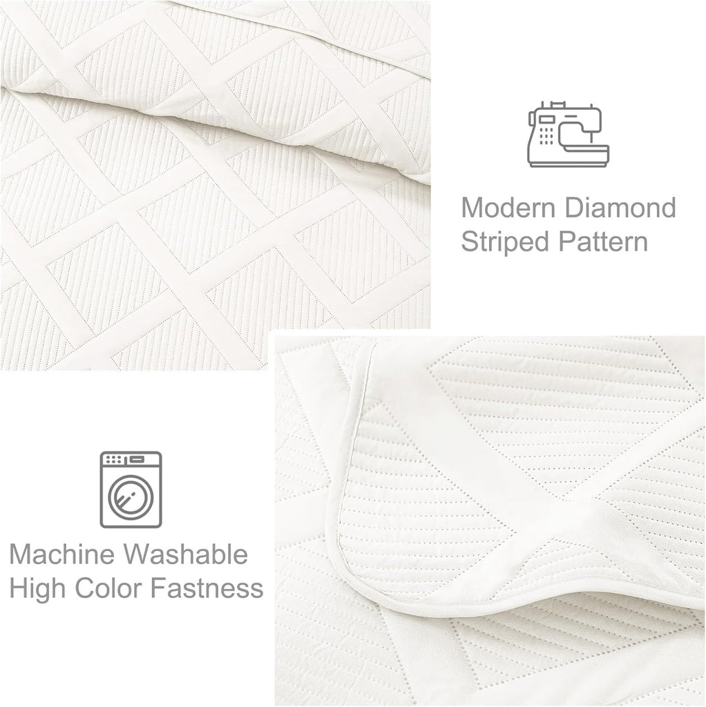 King Quilt Set- White Quilts Bedding Set with 2 Pillow Shams, Modern King Bedspread with Striped Pattern, Soft