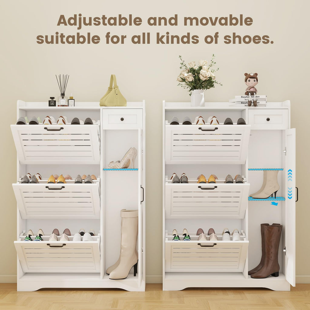 Shoe Storage Cabinet with 3 Flip Drawers, Freestanding Hidden Wooden Shoe Storage, Drawer & Adjustable Shelves, Slim