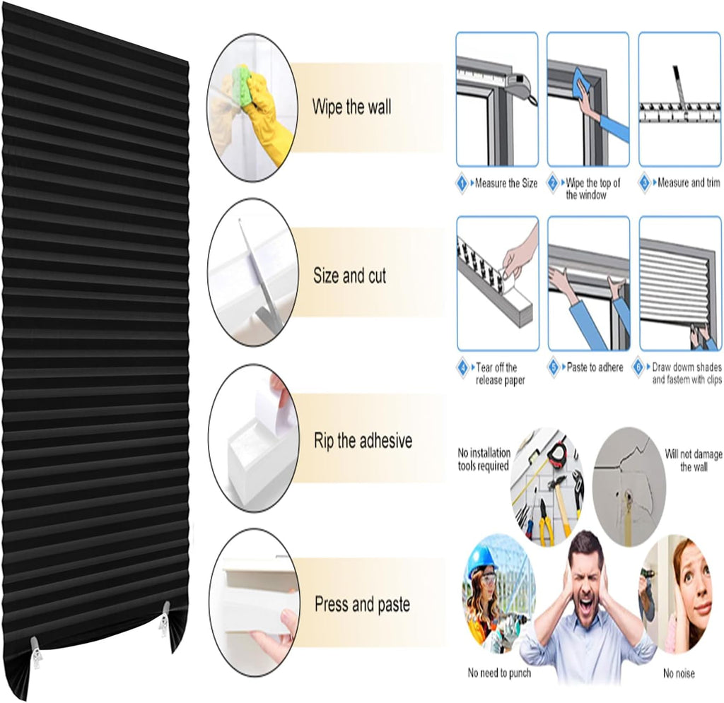 Blackout Blinds for Indoor Windows Cordless No Drill Easy Install Cut Size Pleated Paper Blinds Temporary Shades for