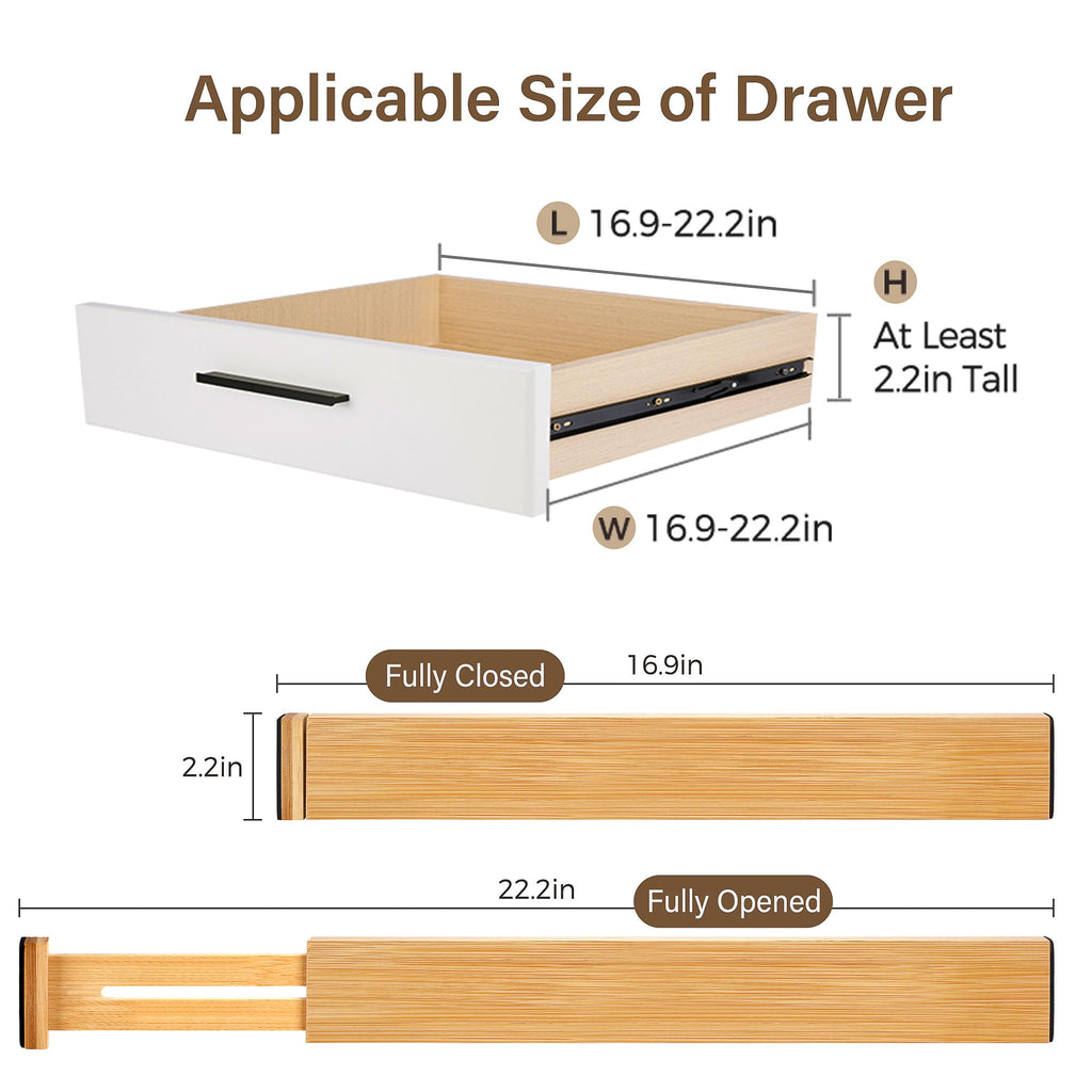 Adjustable Bamboo Drawer Dividers of 4, Expandable Organizers (16.9"-22.2")