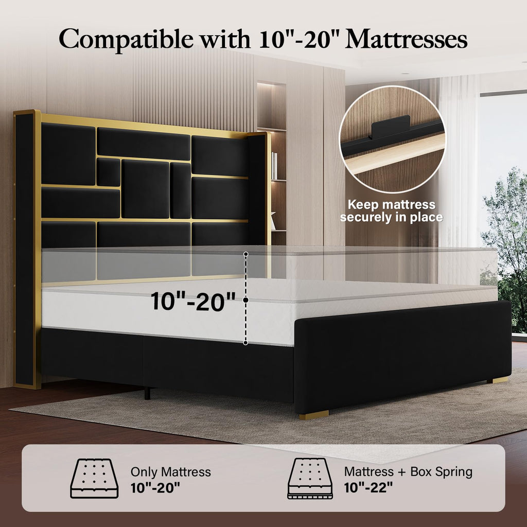 King Bed Frame and Gold Trim Headboard, Upholstered Bed, Black