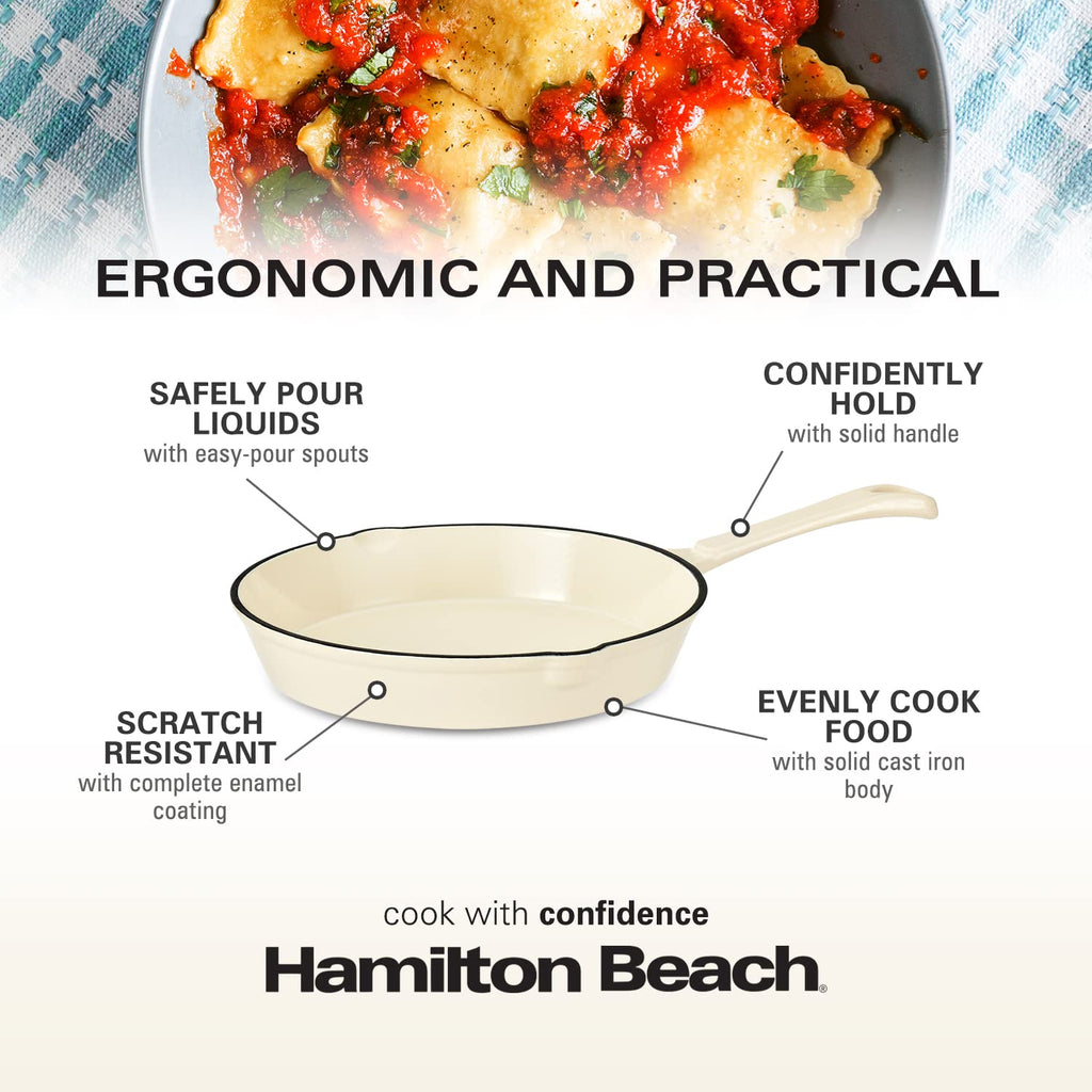 Enameled Cast Iron Fry Pan 10-Inch Cream, Cream Enamel coating, Skillet Pan For Stove top and Oven, Even Heat