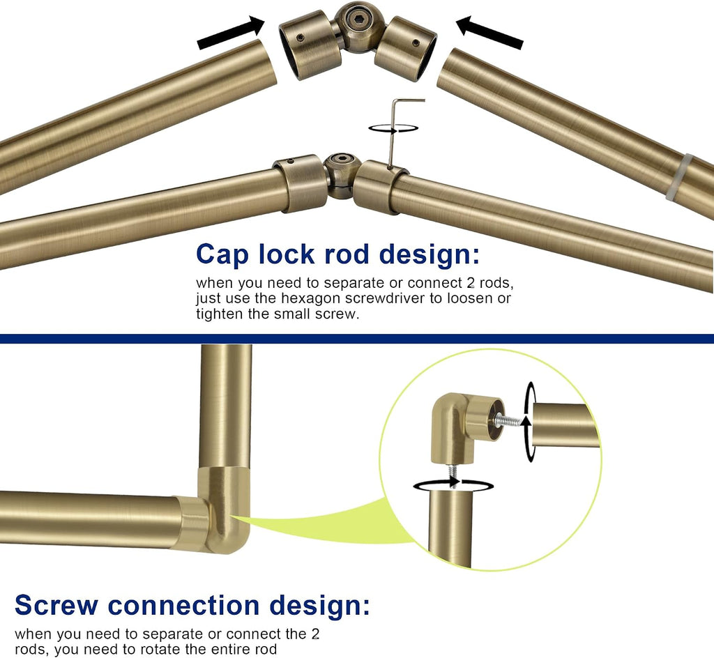 Antique Bronze Corner Window Curtain Rods with Aluminum End Cap Finials and Brackets,1 Inch Diameter Bay Window