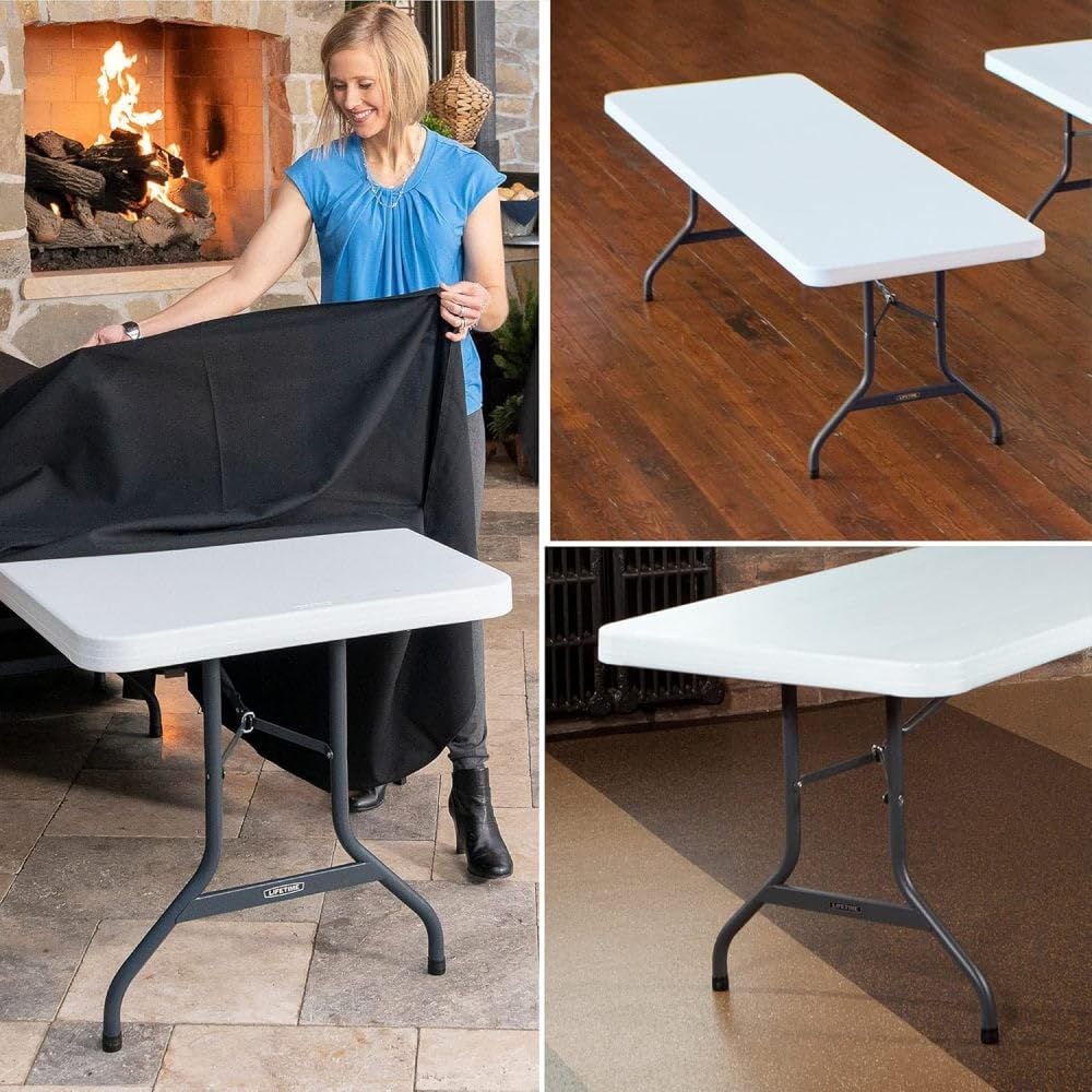 8-Foot Commercial Folding Table, White Granite HDPE Top, Steel Frame