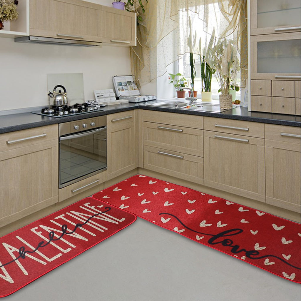 Valentine's Day Heart-Shaped Kitchen Carpet and mat Set, Two-Piece Kitchen Home Decoration, Happy Home Decoration on - Set of 2