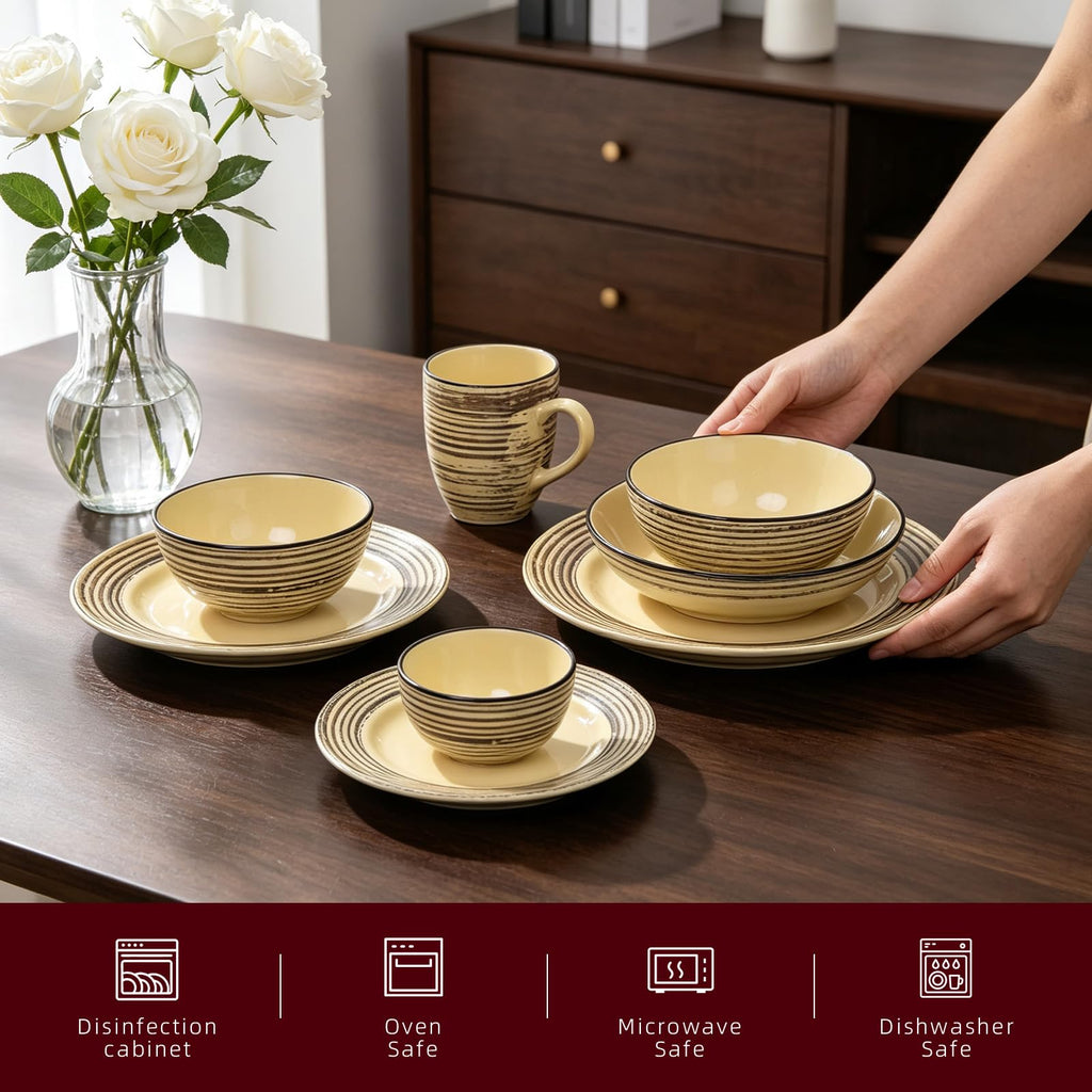 48 Piece Dinnerware Set, Ceramic Plates and Bowls Sets for 8, Microwave and Dishwasher Safe, Handcrafted Tree Bark