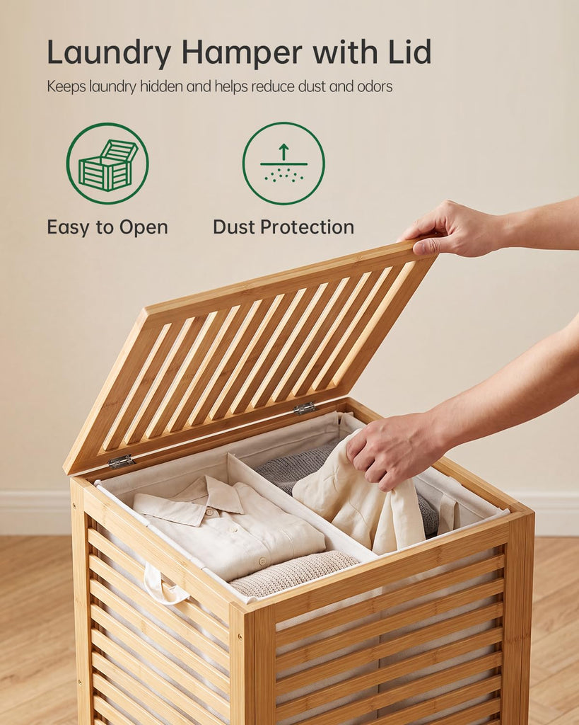 Double Laundry Hamper with Lid, 120L Bamboo Laundry Basket with Removable Liner Bag, 2-Section Clothes Divider