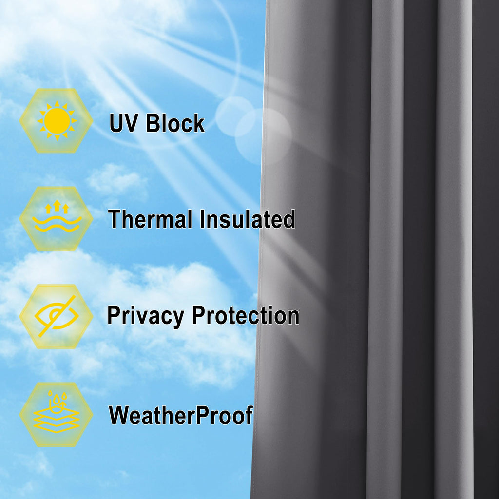 2 Panels Grey Blackout Outdoor Curtains Waterproof 84" Long, Top and Bottom Rustproof Grommet Heavy Weight Windproof
