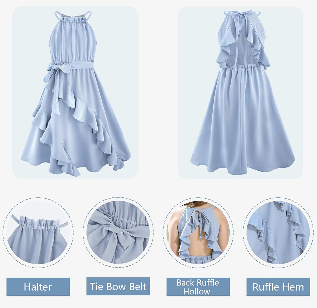 Dresses Tween Halter Tie Back Tiered Ruffle A-Line Flowy Dress Summer Sleeveless Sundress