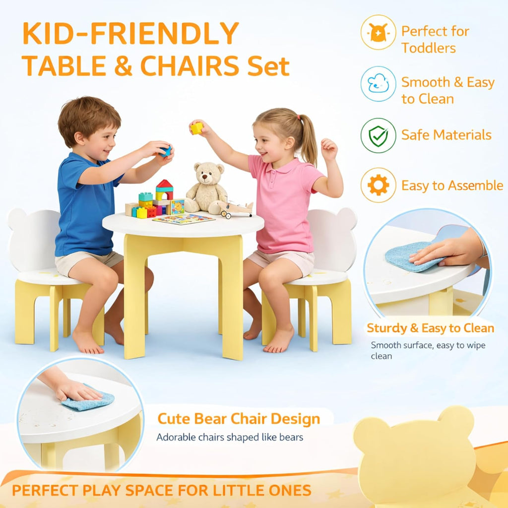Piece Kids Table and Chair Set, Modern Wooden Toddler Table and 2 Cute Bear-Back Chairs, Round Activity Table Set