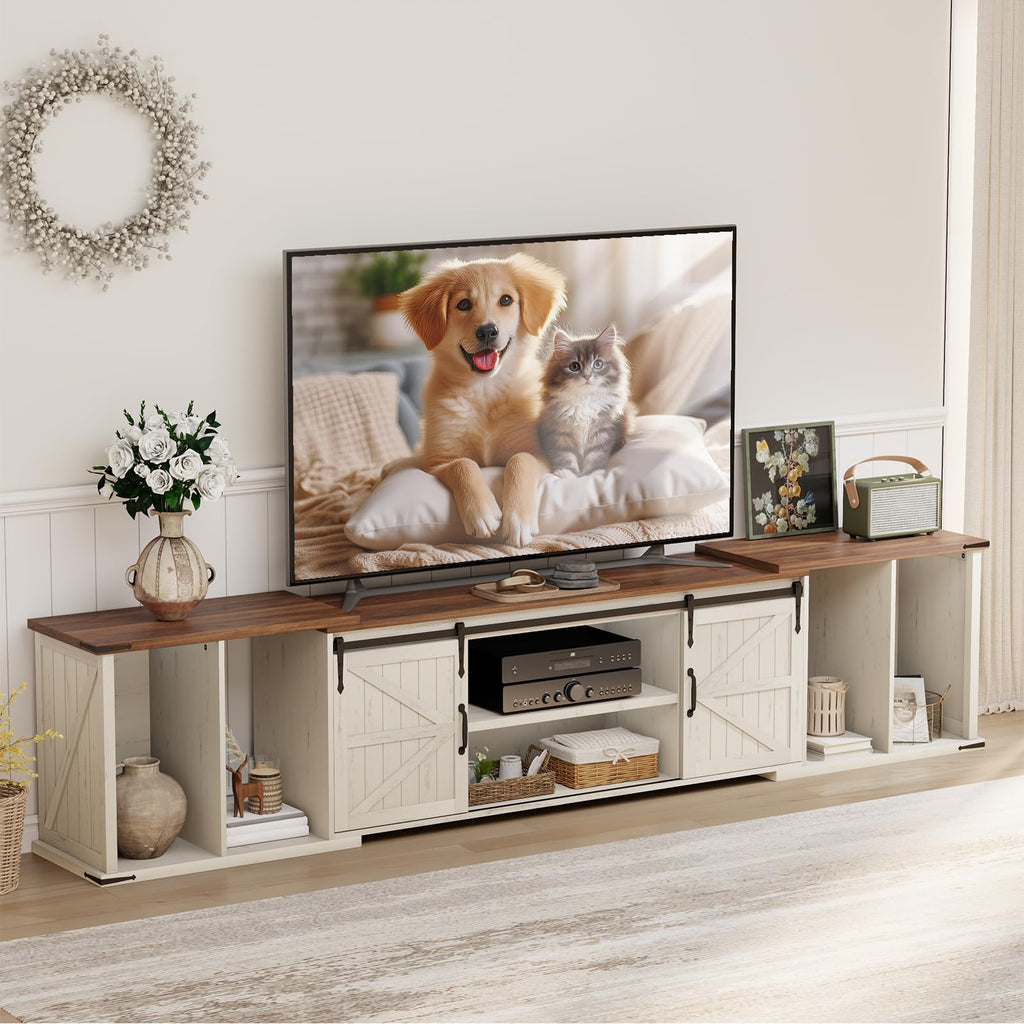 Extendable TV Stand, Entertainment Center for 85 95 105 Inch TV, Farmhouse TV Stand with Large Capacity Storage and