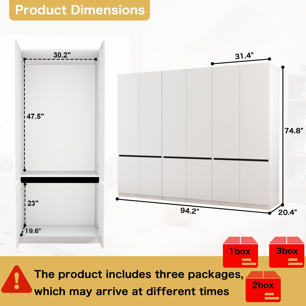 White Armoire Wardrobe Closet with 6 Doors: 75" H x 95" W