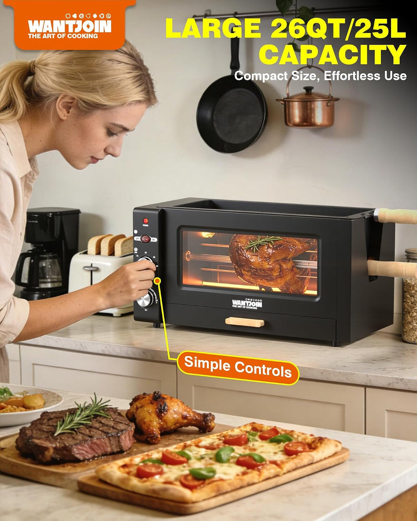 Electric Rotisserie Oven - 26QT 3-Layer 3-in-1 Rotisserie Oven For Simultaneous Cooking, 360°Auto-Rotate Heating