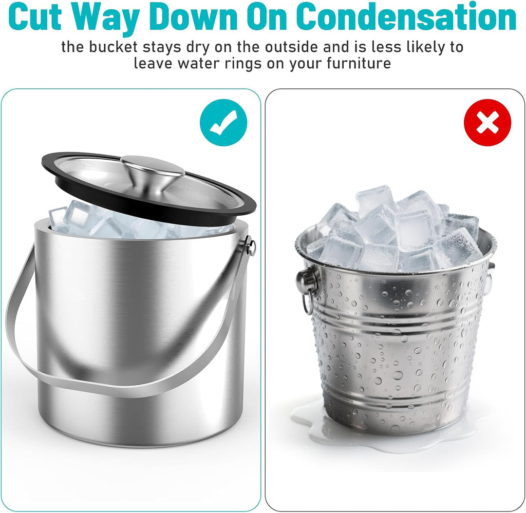 3L Stainless Steel Ice Bucket, Double Wall Insulated Ice Bucket with Lid, Drain Plate, Scoop, Tong for Parties
