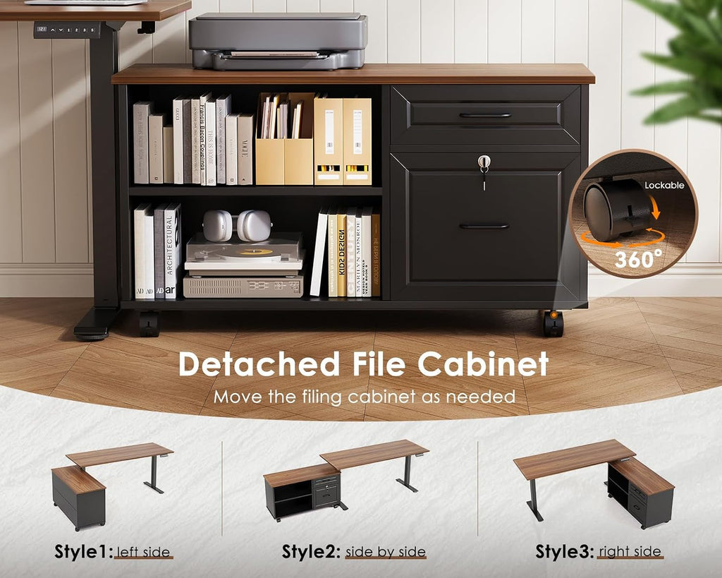 55" L Shaped Electric Standing Desk with Cabinet Sets, Walnut/Black | Mobile Drawers & File Cabinet Sets for Flexible