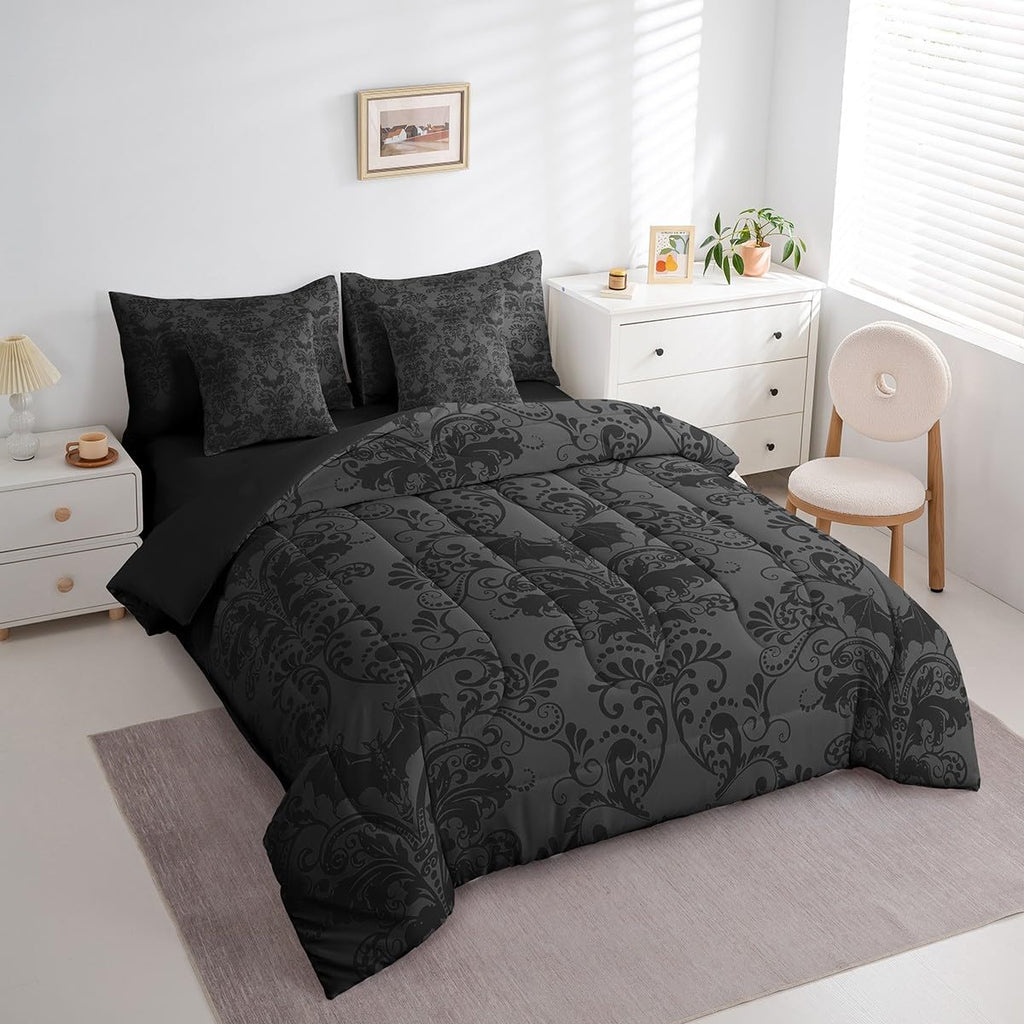 Gothic Damask Comforter Set 7 Piece Bed in a Bag Twin, Halloween Bat Bedding Sets Black Grey Victorian Floral Goth