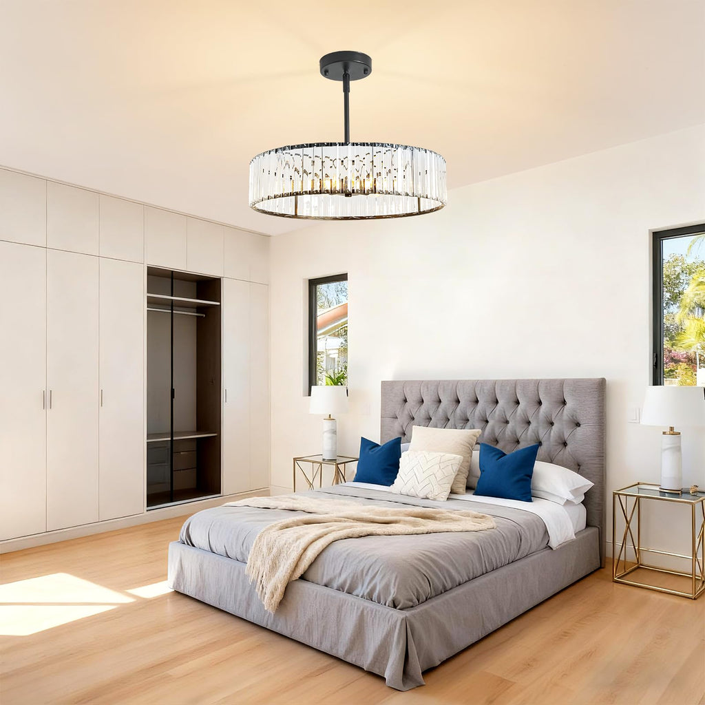 Adjustable Height Modern Black Crystal Chandelier 20 Inch