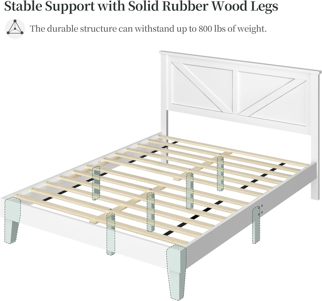 Wood Bed Full, Farmhouse White Rubberwood Platform Bed Frame with V-Designed Headboard, Sturdy Wooden Support Slats