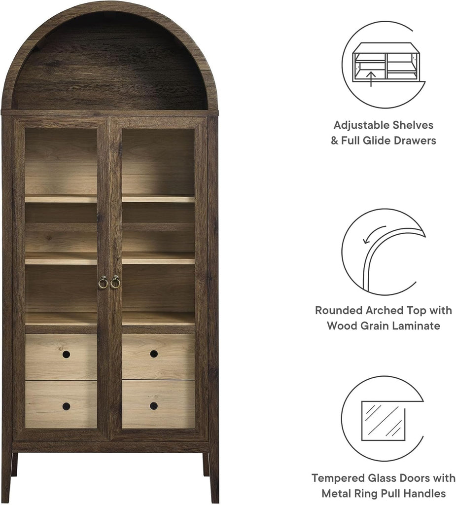 Nolan Modern Farmhouse 71 Inch Tall Arched Storage Display Cabinet in Walnut Hickory Wood Grain - 4-Tier Bookcase