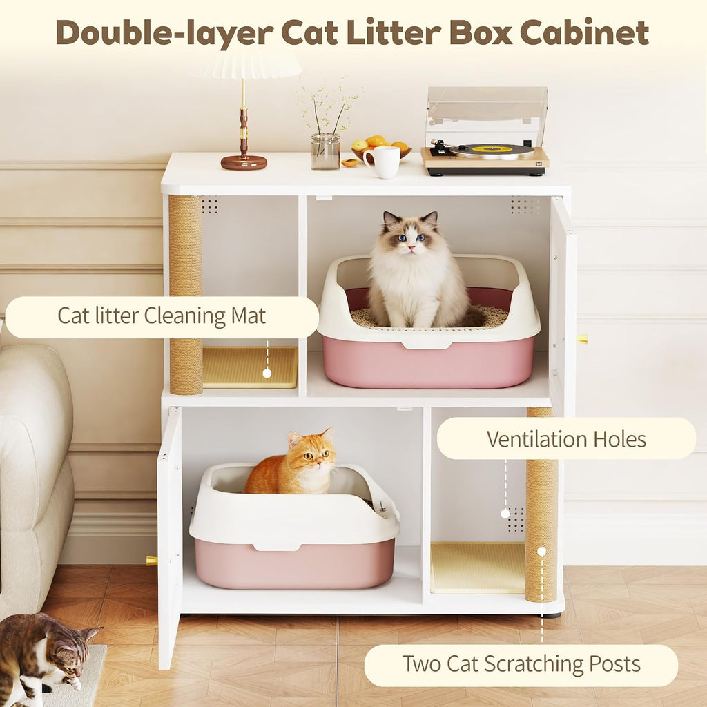 Double Cat Litter Box Enclosure, Litter Box Cabinet for 2 Cats, Hidden Cat Litter Box Furniture, Dog-Proof Litter Box