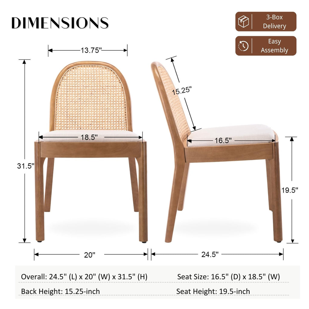 Mid Century Dining Chairs Set of 6, Accent Rattan Linen Fabric Side Chairs Kitchen Chair with Solid Wooden Legs