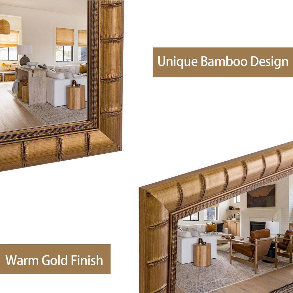 Large Wall Decorative Mirror, 48'' x 24'' Antique Gold Mirror with Bamboo-Joint Design, Rectangular Warm Gold Mirrors