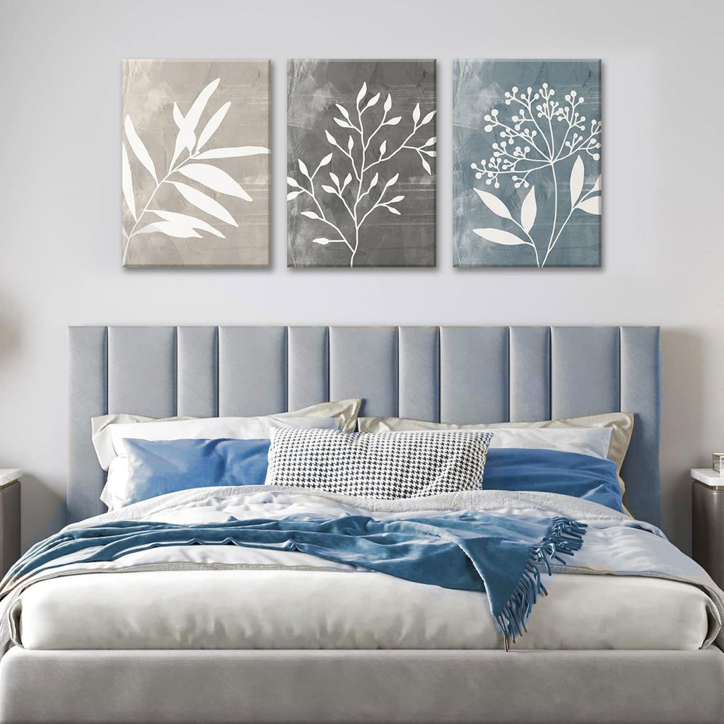 Vintage Botanical Canvas Wall Art Set of 3 Blue Grey and Beige Neutral Plant Leaf Prints Boho Minimalist Floral Art