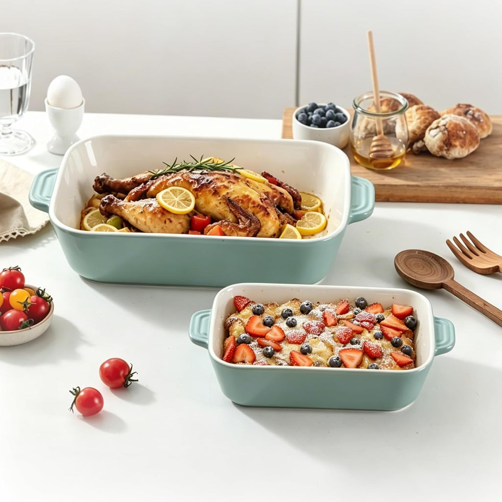 Ceramic Dish Set, 3+1QT Casserole Dish, Lasagna Pan 2Pack | Premium Durable Lead-free Glaze, Elegant Teal Easy clean
