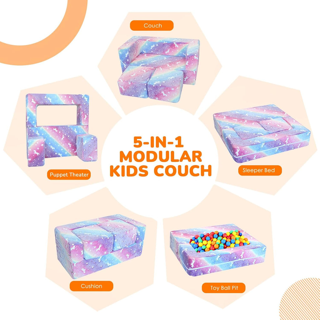Glow in Dark Rainbow Kids Couch, Modular Fold Out Play Sofa