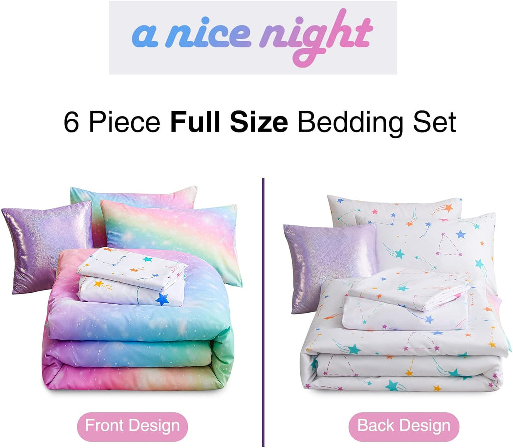 6Pcs Gradient Glitter Bedding Set for Girls Full, Colorful Rainbow Galaxy Comforter Set, Ultra Soft Bedding Sets, Pink