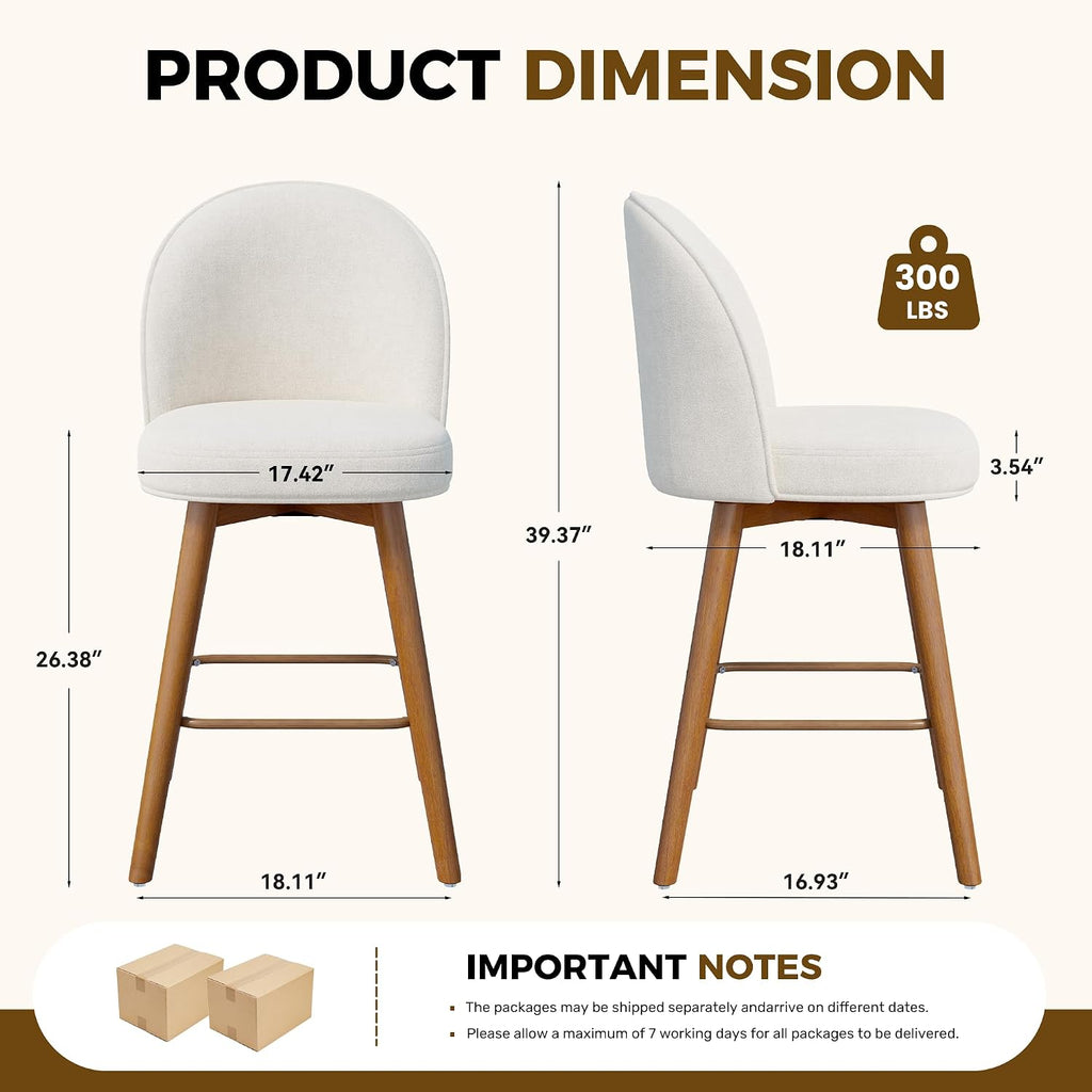 Modern Swivel Bar Stools Set of 2, Chic Upholstered Counter Height（26IN） Bar Chair with Back, Solid Wood Legs