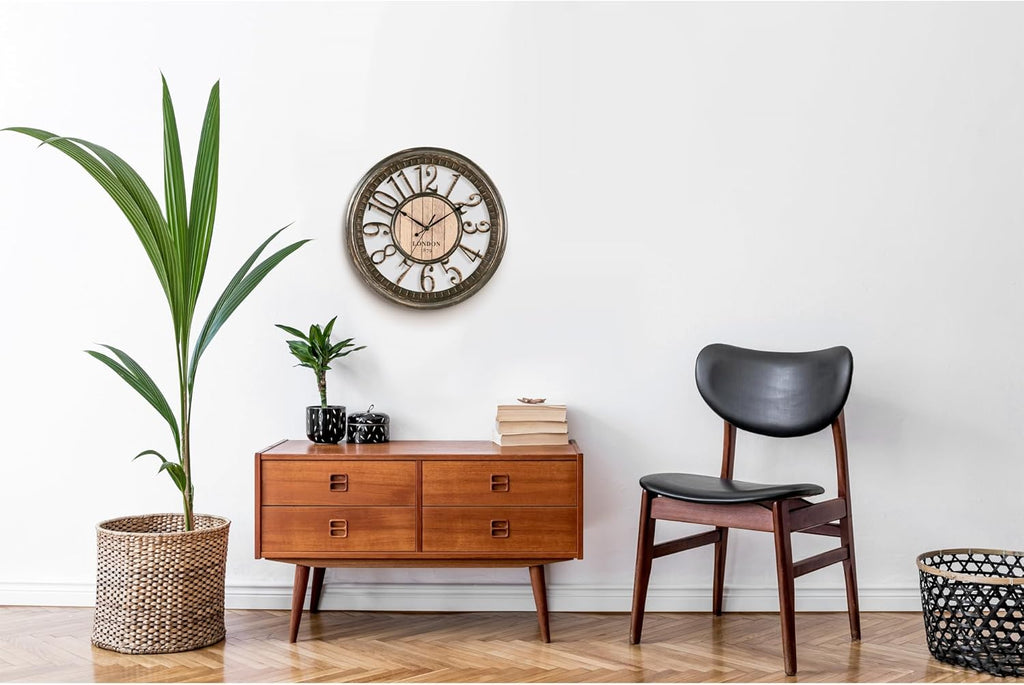 Bernhard Products Large Wall Clock 16 Inch Non Ticking Battery Operated Brown Rustic Farmhouse Vintage Design Stylish