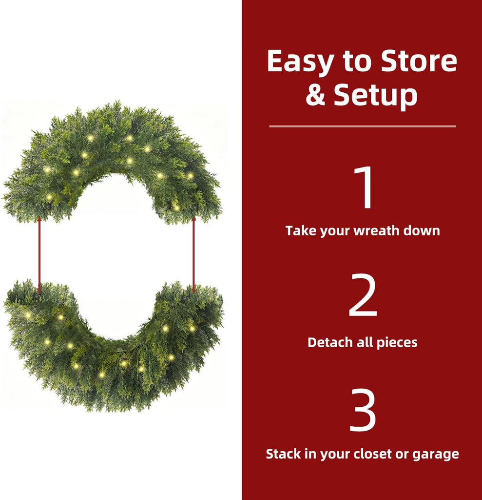 26 Inch Lighted Real Touch Christmas Cedar Wreath for Front Door | Artificial Greenery Foldable Wreath with Lights