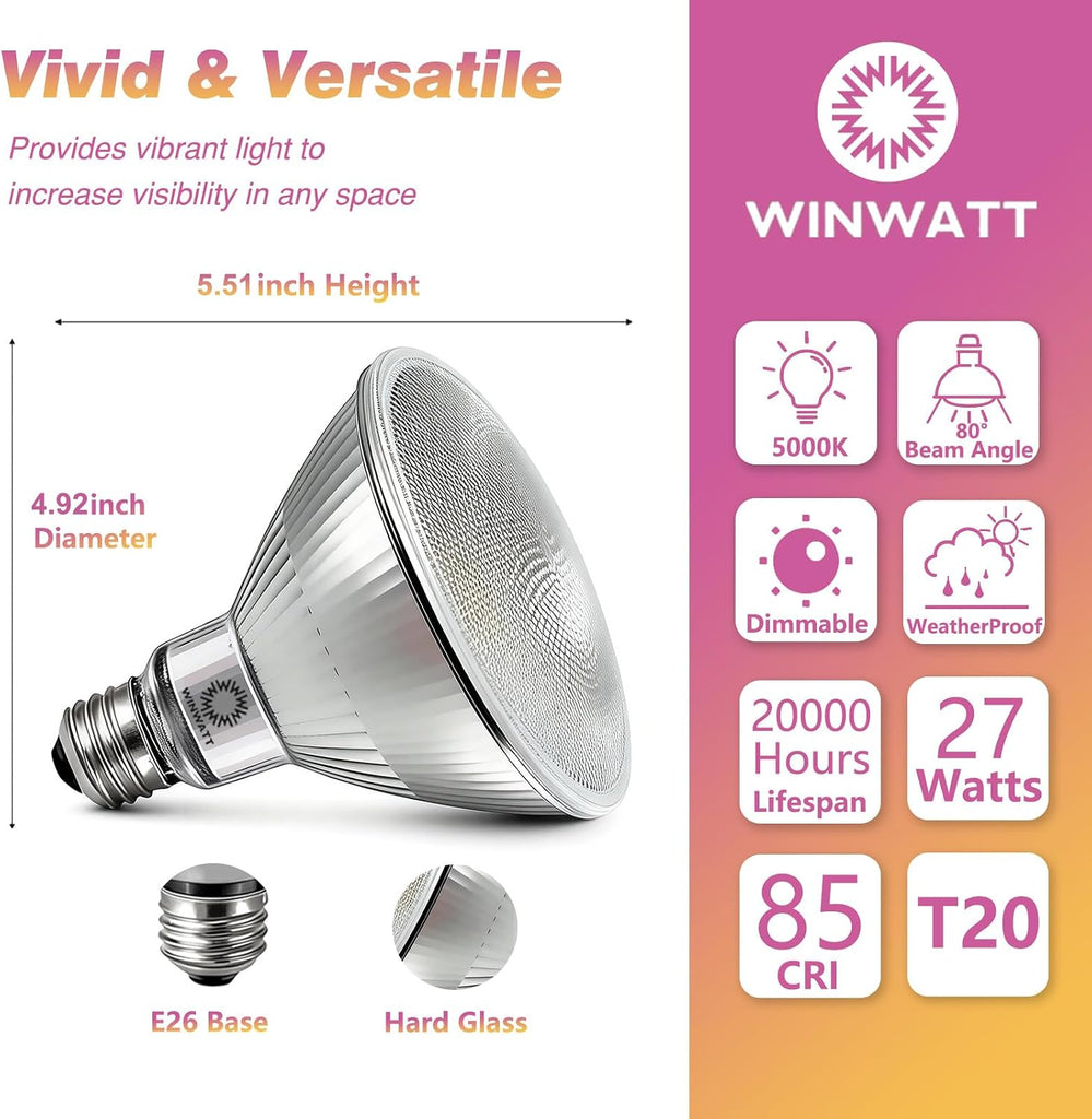 LED Light Bulbs PAR38 Full Glass, 27W=300W Equivalent 4000 Lumens Ultra Bright 20000 Hours Classic Flood Light Bulbs