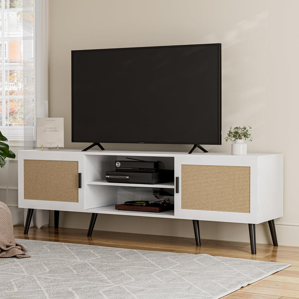 TV Stand with Rattan Doors for TVs up to 65", Mid-Century, White