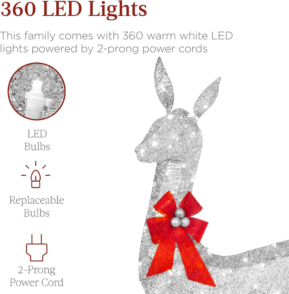 3-Piece Large Lighted Christmas Deer Family Set 5Ft Outdoor Yard Decoration with 360 LED Lights, Stakes, Zip Ties