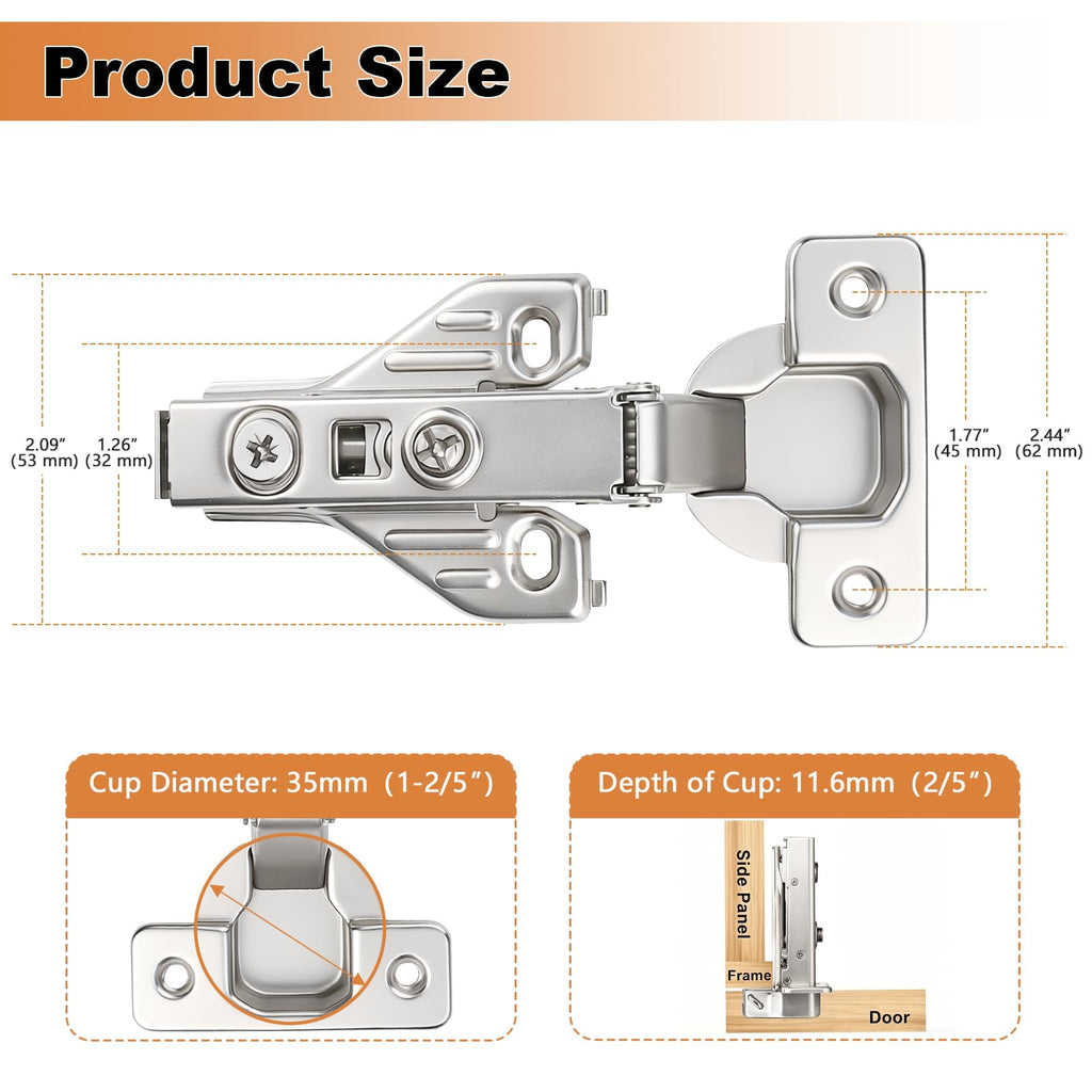 Full Overlay Soft Closing Clip On Face Frame Mounting Cabinet Hinges 10 Pair(=20 Pcs), 105 Degree Self Closing